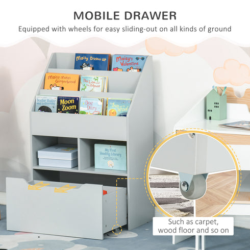 Kids Bookshelf, Toy Organiser, With Storage Drawer, Wheels - Grey