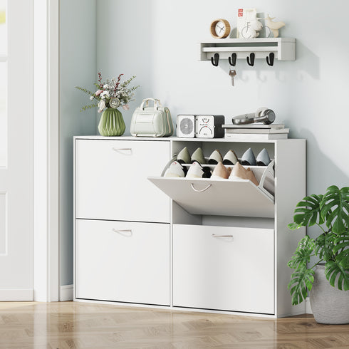 Wooden Modern Design 4 Drawer Shoes Cabinet Pull Down Shelf Storage Organiser - White