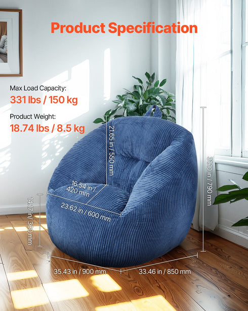 Luxury Memory Foam Bean Bag Chair – Soft Teddy Velvet (Blue)