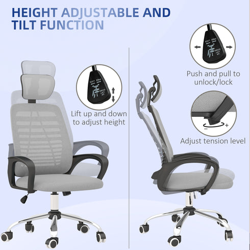 Seemly Ergonomic Office Chair, Mesh Desk Chair With Rotatable Headrest, Lumbar Back Support, Armrest, Grey